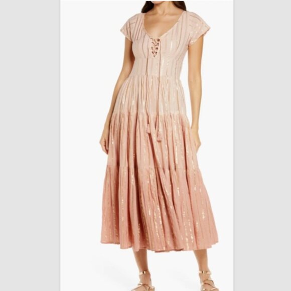 AREA STARS Women's St Tropez Midi Tiered Ombre Dress Size M - Peachy Pink & Gold - Picture 1 of 13